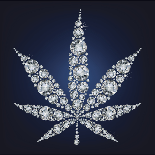 Cannabis leaf made a lot of from diamonds. diamond infused weed